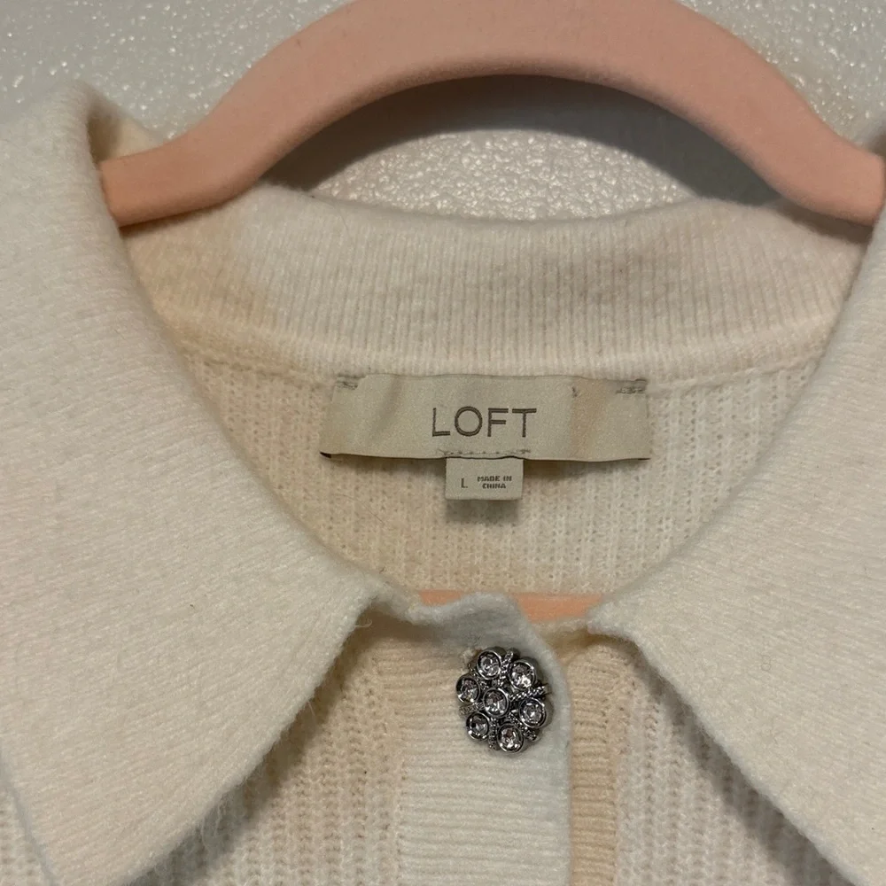LOFT Cream Collared Knit Pullover with Decorative Buttons - Picture 2 of 8